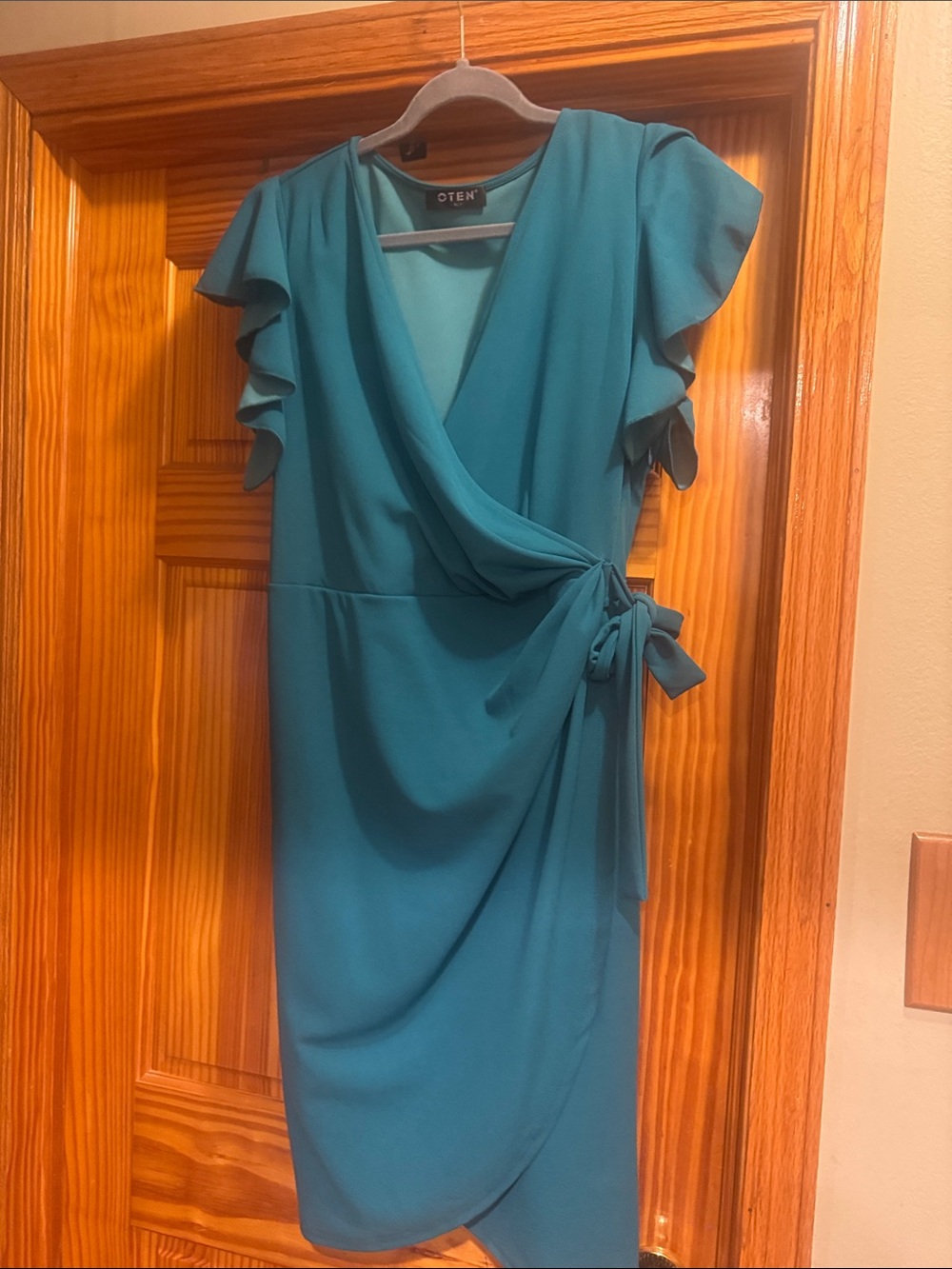 Olsen Teal Wrap-Style Midi Dress with Flutter Sleeves